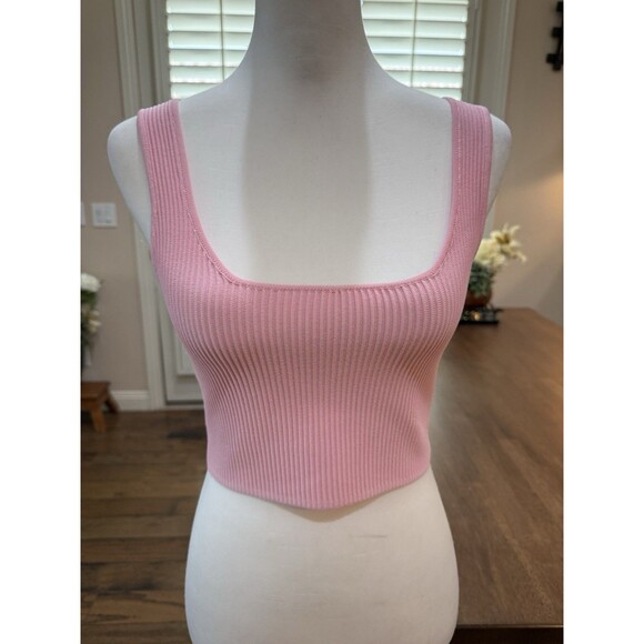 White Fox Pink Ribbed Knit Crop Tank Top Small | Y2K Minimalist Sleeveless - Picture 2 of 8